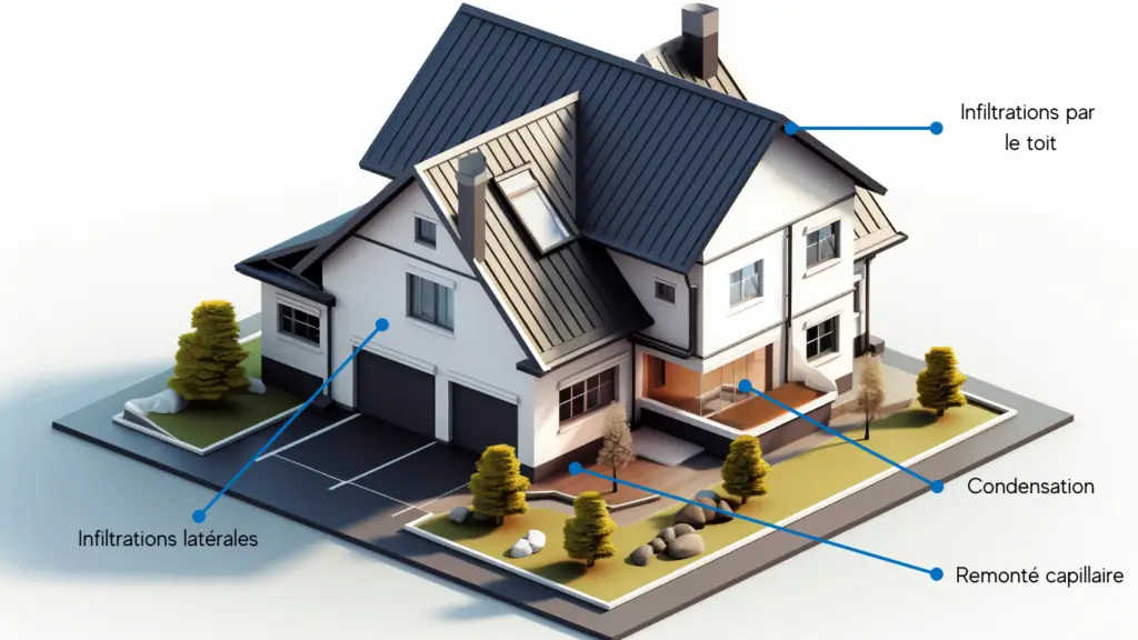 Les causes de l'humidité analysé lors d'un diagnostic anti humidité : les infiltrations par le toit, la condensation, les remontées capillaires ainsi que les infiltrations latérales.